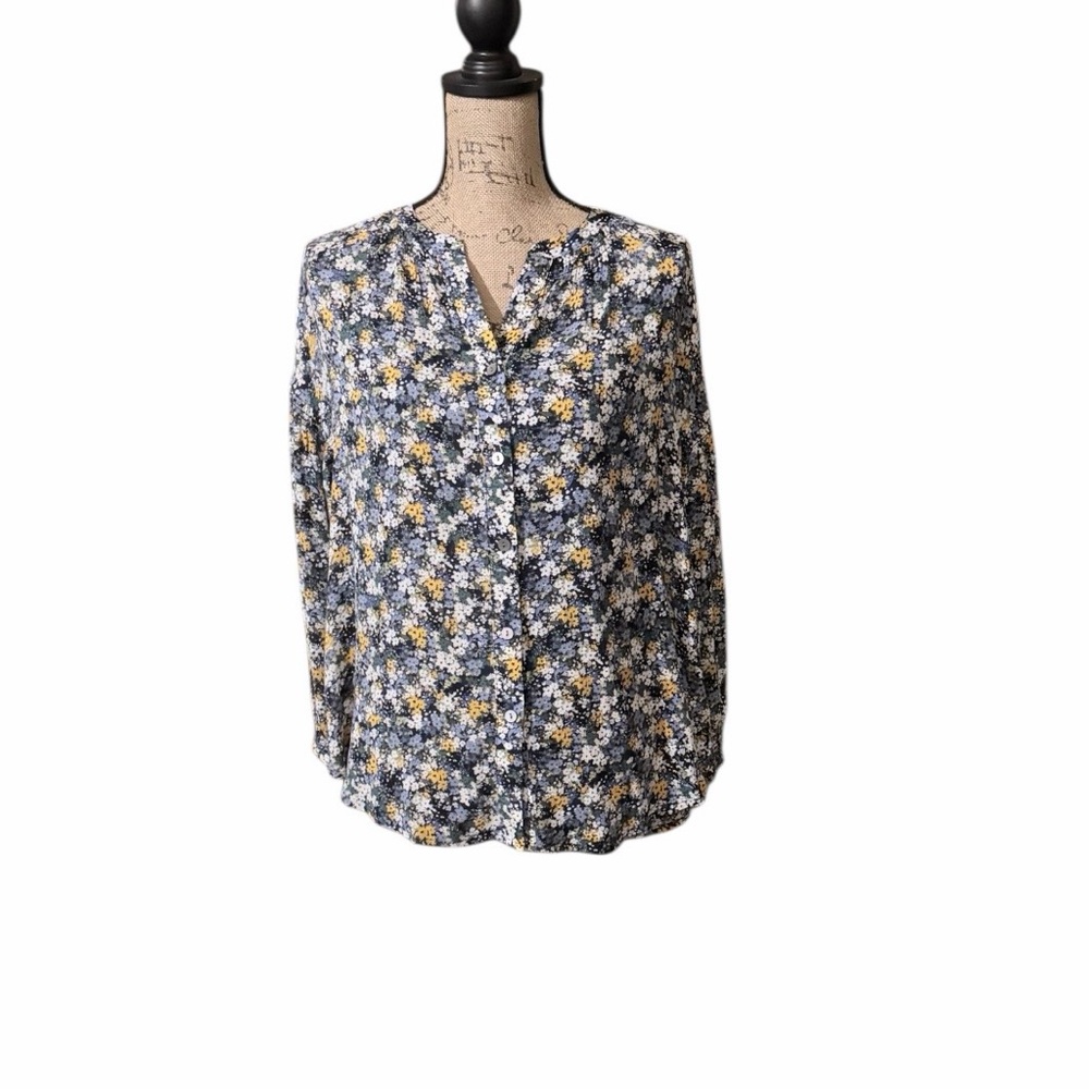 J. Jill Navy Floral Button-Down Blouse with Yellow Accents